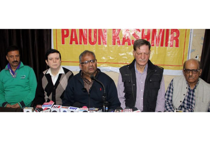 Leaders of Panun Kashmir addressing a press conference at Jammu on Tuesday. — Excelsior/Rakesh Leaders of Panun Kashmir addressing a press conference at Jammu on Tuesday. — Excelsior/Rakesh