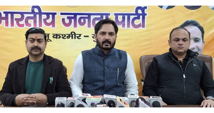 BJP leaders during a press conference at party headquarters, Trikuta Nagar, Jammu.