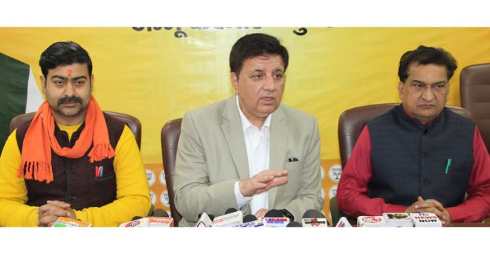 BJP leaders addressing press conference at party office in Jammu on Thursday. —Excelsior/Rakesh