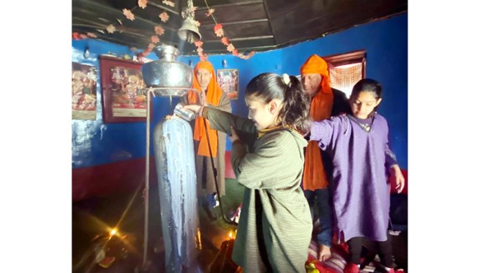 Kashmiri Pandits performing Prarambhik Puja at Sedeshwar Temple in Pampore on Thursday.