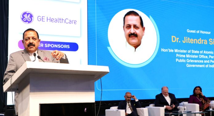 Union Minister Dr. Jitendra Singh addressing the “International Health Dialogue” organised by the Apollo Corporate Group at Bharat Mandapam, New Delhi on Friday.