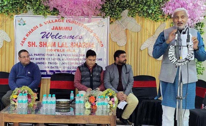 Sham Lal Sharma addressing a gathering at Mishriwala area of Jammu on Friday.