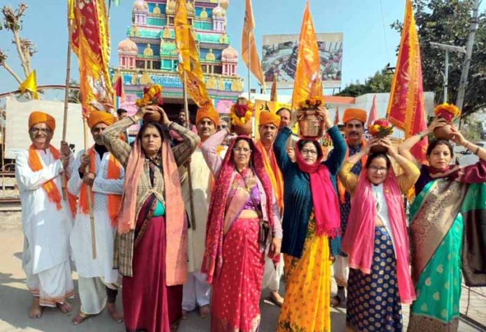Devotees participating in a religious event at newly constructed ashram of Swami Kashi Bub Ji Maharaj Trust Hugam at Bantalab, Jammu.