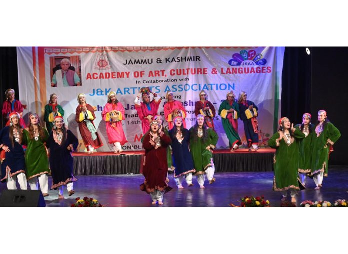 Artists performing during a cultural fest in Jammu on Monday. Artists performing during a cultural fest in Jammu on Monday.