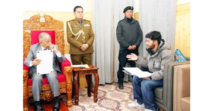 A delegation interacting with LG Ladakh in Leh on Thursday.