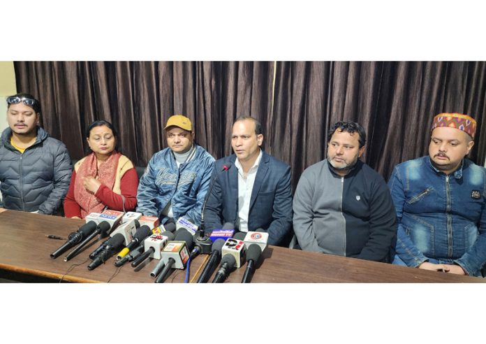 Members of Shiv Shakti Trust addressing press conference at Jammu on Saturday. -Excelsior/Rakesh