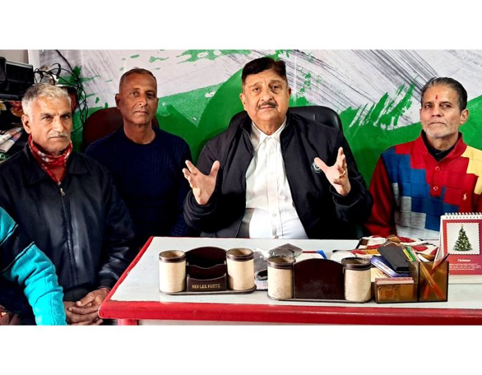 MSJK president, Sunil Dimple addressing a press conference at Jammu on Monday.