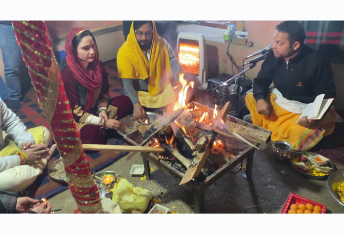 MKPBCT volunteers performing yagna at Tirath Raj Martand temple in Anantnag on Tuesday.