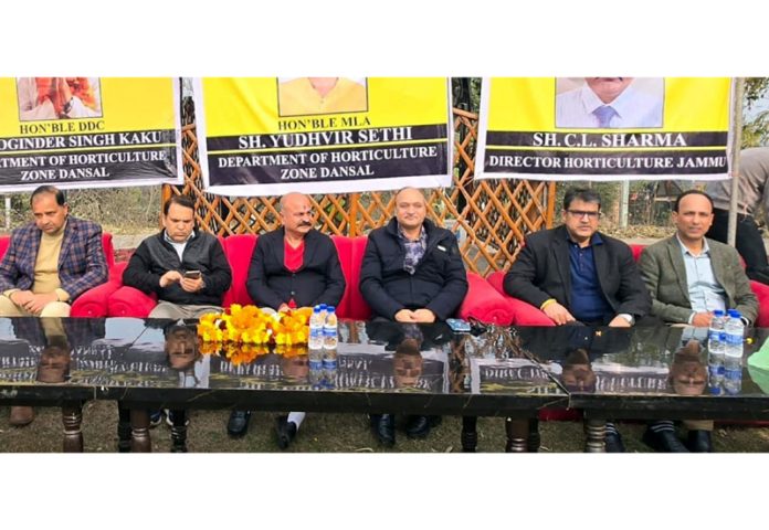 MLA Yudhvir Sethi along with others during a Kissan Mela in Jammu on Saturday.