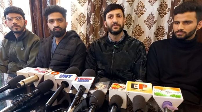 Representatives of Open Merit Students Association talking to media persons at Jammu on Friday.