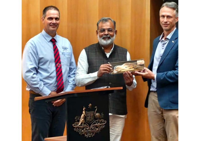 Members of Australian delegation felicitating Dr Romesh Khajuria during a function held on Saturday.