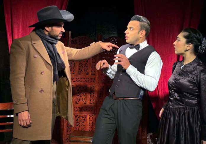 Artists performing during a play being staged by Natrang in Jammu on Sunday.