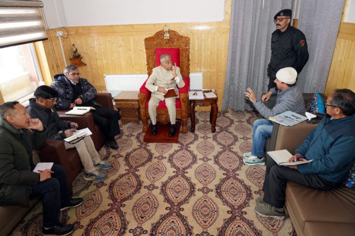 LG Mishra during his meeting with CEC Dr Mohd Jaffer Akhoon in Leh on Thursday. LG Mishra during his meeting with CEC Dr Mohd Jaffer Akhoon in Leh on Thursday.