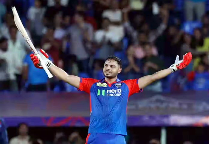 Ashutosh Sharma celebrating after scoring match winning unbeaten 66 runs against LSG at Visakhapatnam on Monday.