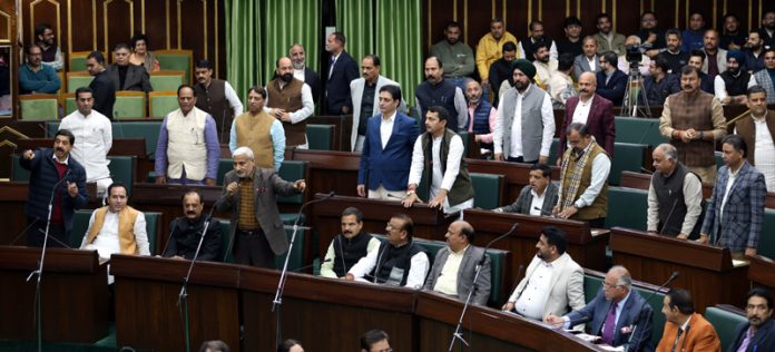 BJP leaders objecting to the objectionable remarks of AAP MLA Mehraj Malik in the Legislative Assembly on Friday. BJP leaders objecting to the objectionable remarks of AAP MLA Mehraj Malik in the Legislative Assembly on Friday.