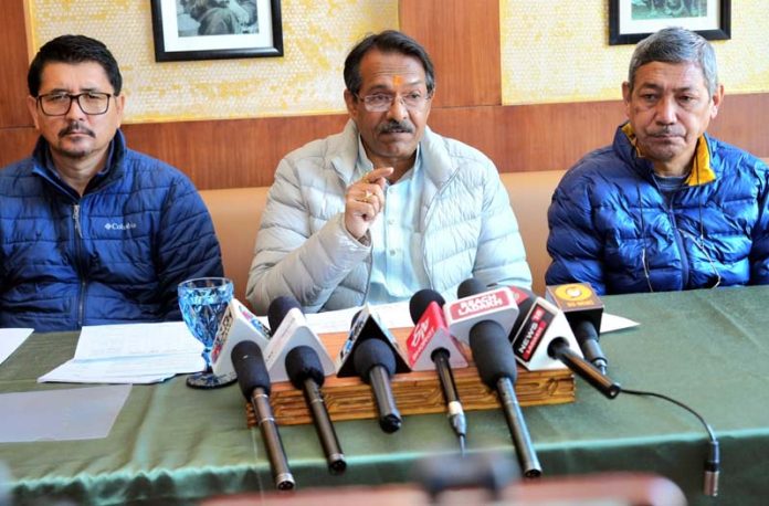 Union MoS for Corporate Affairs, Transport & Highways Harsh Malhotra addressing press conference at Leh. Union MoS for Corporate Affairs, Transport & Highways Harsh Malhotra addressing press conference at Leh.