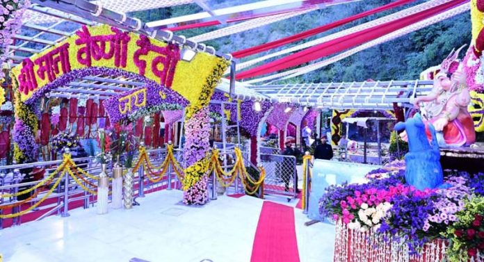 Profusely decorated Shri Mata Vaishno Devi Bhawan on Sunday.