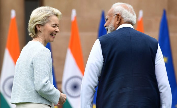 Prime Minister Narendra Modi with President of European Commission Ursula von der Leyen before a meeting at Hyderabad House in New Delhi on Friday. (UNI)