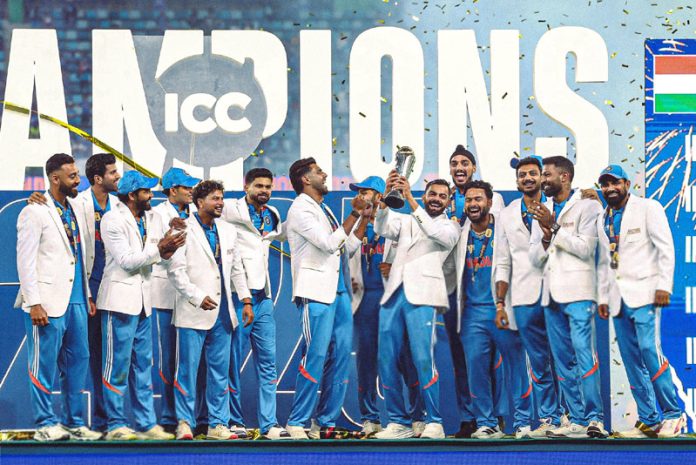 Indian team celebrates Champions Trophy victory.