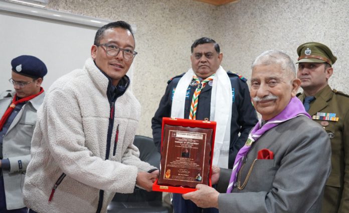 LG Ladakh Brigadier (Retd) Dr BD Mishra receiving a memento during a programme at Leh. LG Ladakh Brigadier (Retd) Dr BD Mishra receiving a memento during a programme at Leh.