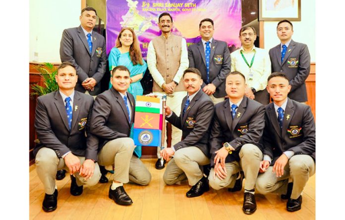 Team NIMAS with Minister of State for Defence Sanjay Seth during the flagging-off ceremony of Mt. Kangchenjunga Expedition 2025.