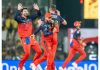 RCB players celebrating after defeating CSK by 50 runs at Chennai.