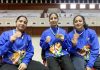 J&K Wushu athletes showing medals during Khelo India Wushu Women’s League Championship held at Bilsapur.