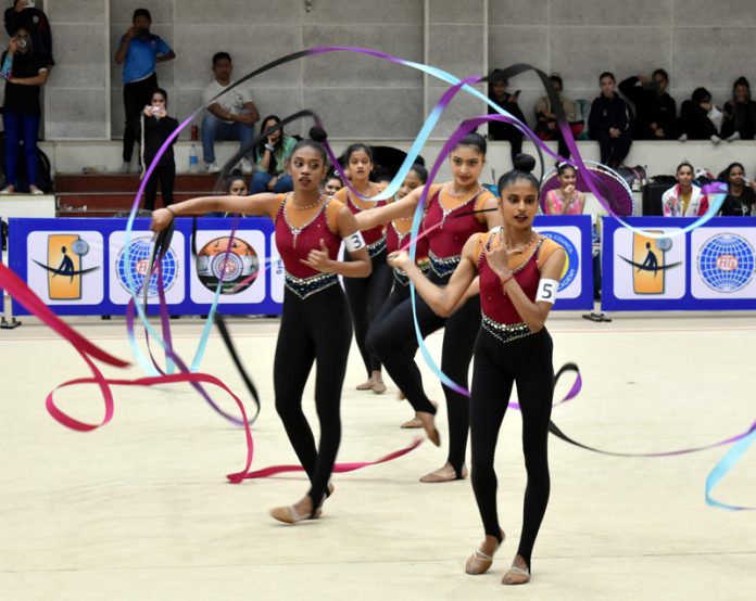 Rhythmic Gymnasts displaying their skills during two-day selection trials at M A Stadium, Jammu. Rhythmic Gymnasts displaying their skills during two-day selection trials at M A Stadium, Jammu.