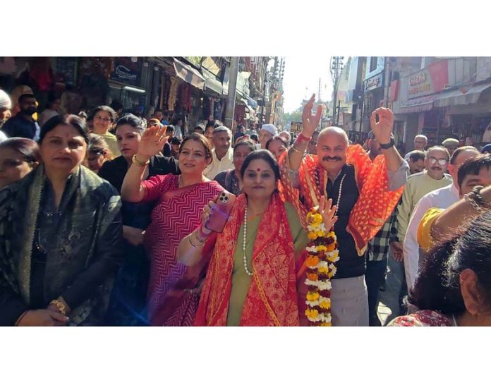 MLA Yudhvir Sethi and Priya Sethi during a Shobha Yatra on Saturday.