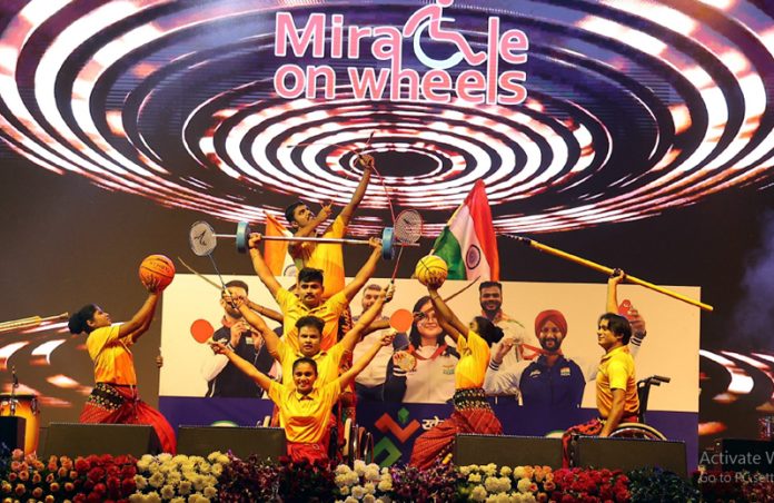 Athletes posing during inauguration of Khelo India Para Games at New Delhi on Thursday.