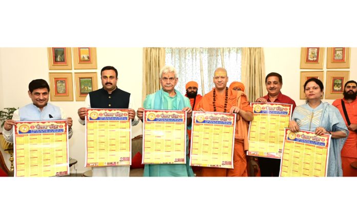 Lieutenant Governor Manoj Sinha releasing ‘Kailakh Sandesh Panchang Calendar’ on Wednesday.