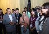 Union Minister Dr. Jitendra Singh interacting with a group of students from Ladakh at his New Delhi residence on Wednesday.