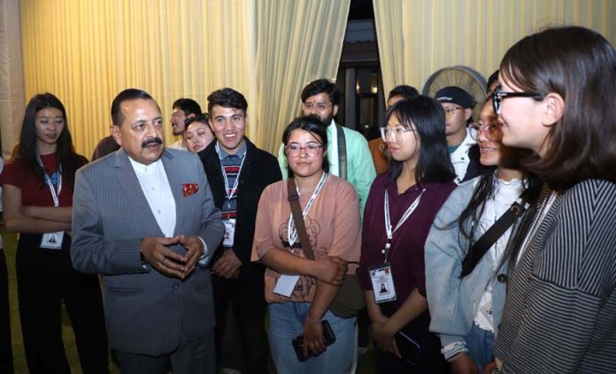 Union Minister Dr. Jitendra Singh interacting with a group of students from Ladakh at his New Delhi residence on Wednesday.