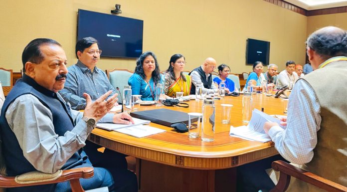 Union Minister Dr. Jitendra Singh chairing a high level meeting of the Department of Biotechnology at New Delhi on Friday.
