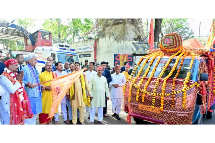 Lieutenant Governor Manoj Sinha flagging off Shri Mata Vaishno Devi Ji Pracheen Marg Pavitra Chhari Yatra from Nagrota on Monday.