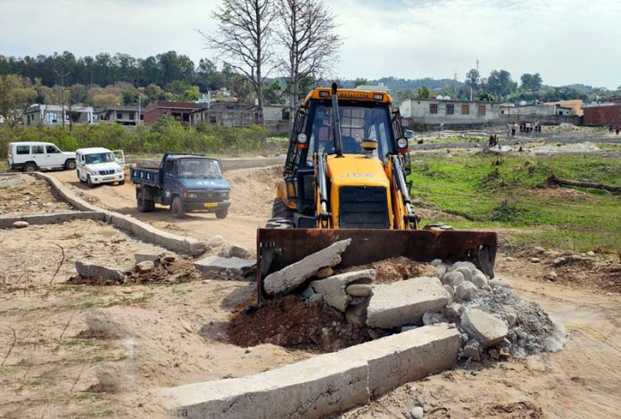 A JCB demolishes plinth during special operation by JDA at Ragoora in Sidhra on Tuesday. A JCB demolishes plinth during special operation by JDA at Ragoora in Sidhra on Tuesday.