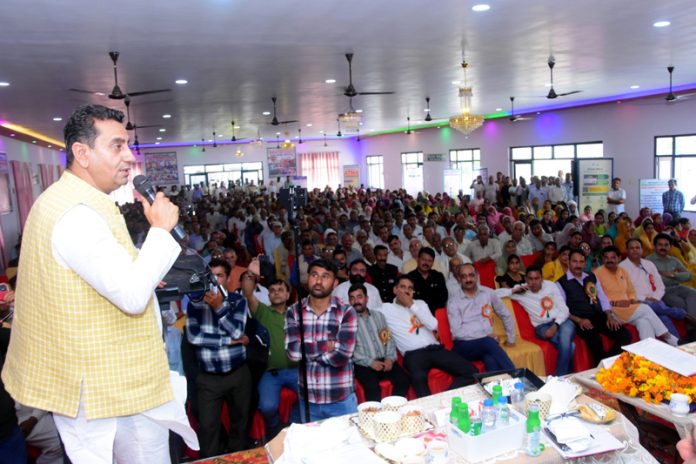 BJP MLA, Rajiv Jasrotia addressing a Kisan Mela at Magloor, Kathua on Wednesday.