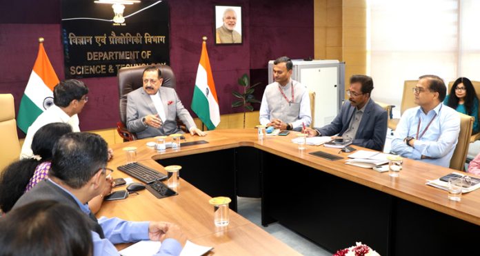 Union Minister Dr Jitendra Singh chairing a high-level review meeting of senior officials of the Department of Science & Technology (DST) at Technology Bhawan, New Delhi on Wednesday. Union Minister Dr Jitendra Singh chairing a high-level review meeting of senior officials of the Department of Science & Technology (DST) at Technology Bhawan, New Delhi on Wednesday.