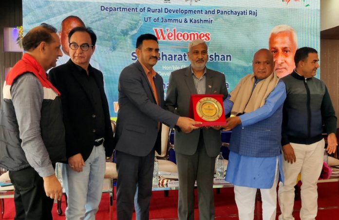 DDC Jammu Chairman Bharat Bhushan, MLA Jammu North Sham Lal Sharma and others during an event at Bhalwal, Jammu.