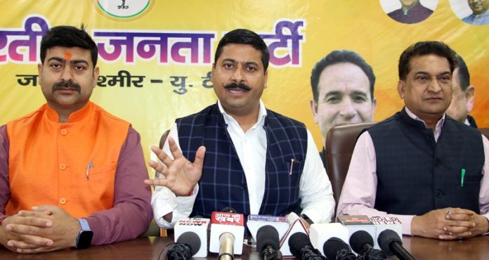 J&K BJP spokesperson, Gaurav Gupta addressing a press conference at BJP headquarters, Trikuta Nagar, Jammu. — Excelsior/Rakesh
