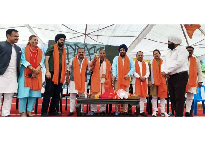 J&K BJP chief Sat Sharma along with other senior party leaders during a programme at Sainik Colony, Jammu. J&K BJP chief Sat Sharma along with other senior party leaders during a programme at Sainik Colony, Jammu.