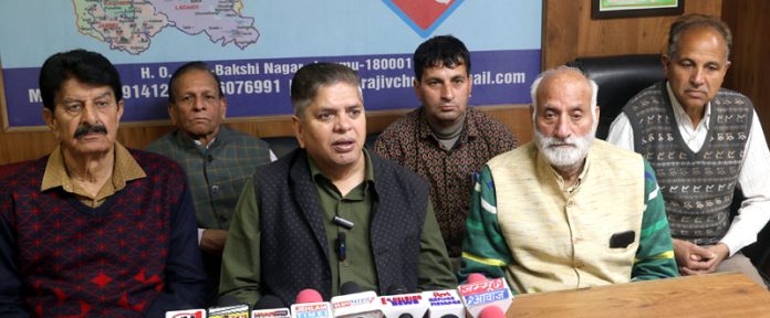 SOS Intl leader Rajiv Chuni addressing press conference in Jammu on Sunday. -Excelsior/Rakesh