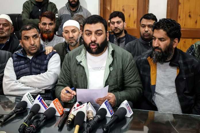 Sajad Parray President J&K Daily Wagers Forum addressing a press conference in Srinagar on Tuesday. — Excelsior/Shakeel Sajad Parray President J&K Daily Wagers Forum addressing a press conference in Srinagar on Tuesday. — Excelsior/Shakeel