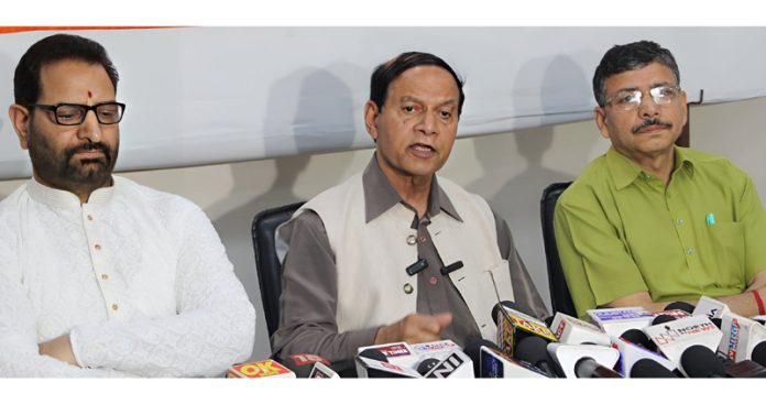 Prant Sanghchalak RSS, Dr Gautam Mengi, Sah Prant Sanghchalak, Dr Vikrant and Prant Karywah Avtar Krishan at a press conference at Jammu on Thursday. -Excelsior/Rakesh