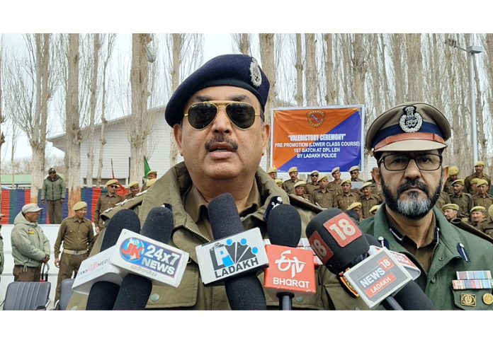DGP Ladakh S D Singh talking to media persons during closing ceremony of police training course.