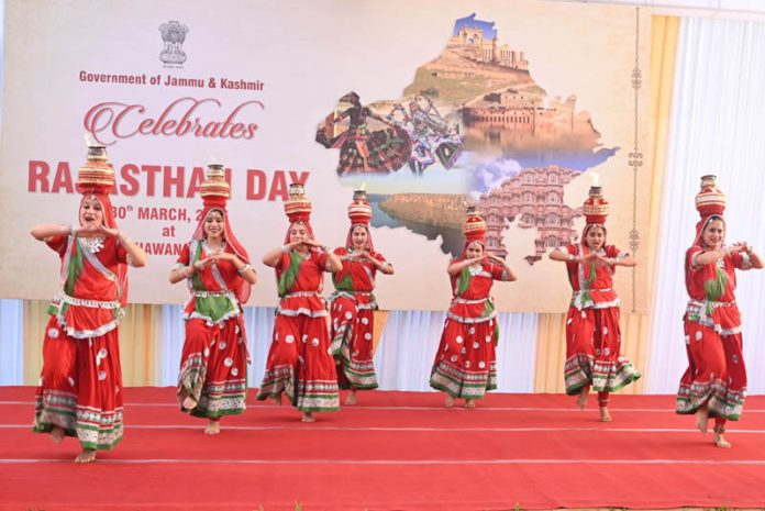 Artists performing during Rajasthan Day celebration hosted by Jammu Kashmir Raj Bhawan at Jammu. Artists performing during Rajasthan Day celebration hosted by Jammu Kashmir Raj Bhawan at Jammu.