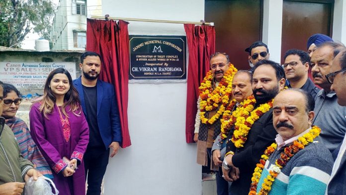 MLA Bahu Vikram Randhawa along with others after kick-starting construction of a developmental work in Gandhi Nagar, Jammu.