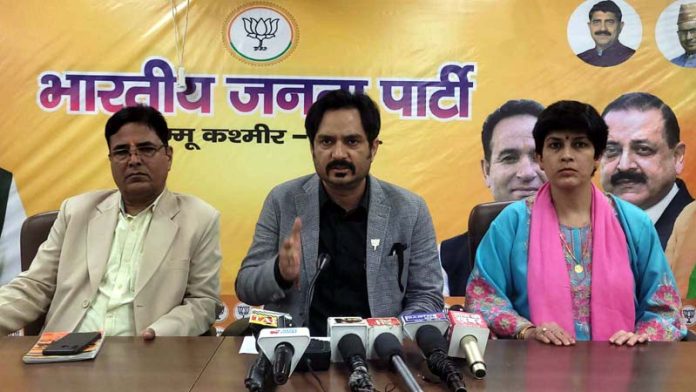 BJP leaders Dr. Abhijeet Jasrotia, Girdhari Lal Raina and Rajni Kaloo addressing a press conference in Jammu.