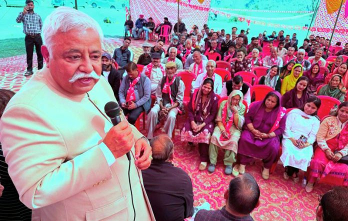 NC leader Ajay Kumar Sadhotra addressing a public rally in Udhampur on Sunday.