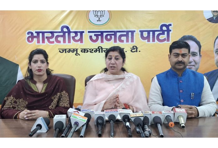 BJP leader, Purnima Sharma addressing a press conference at Jammu on Monday.
